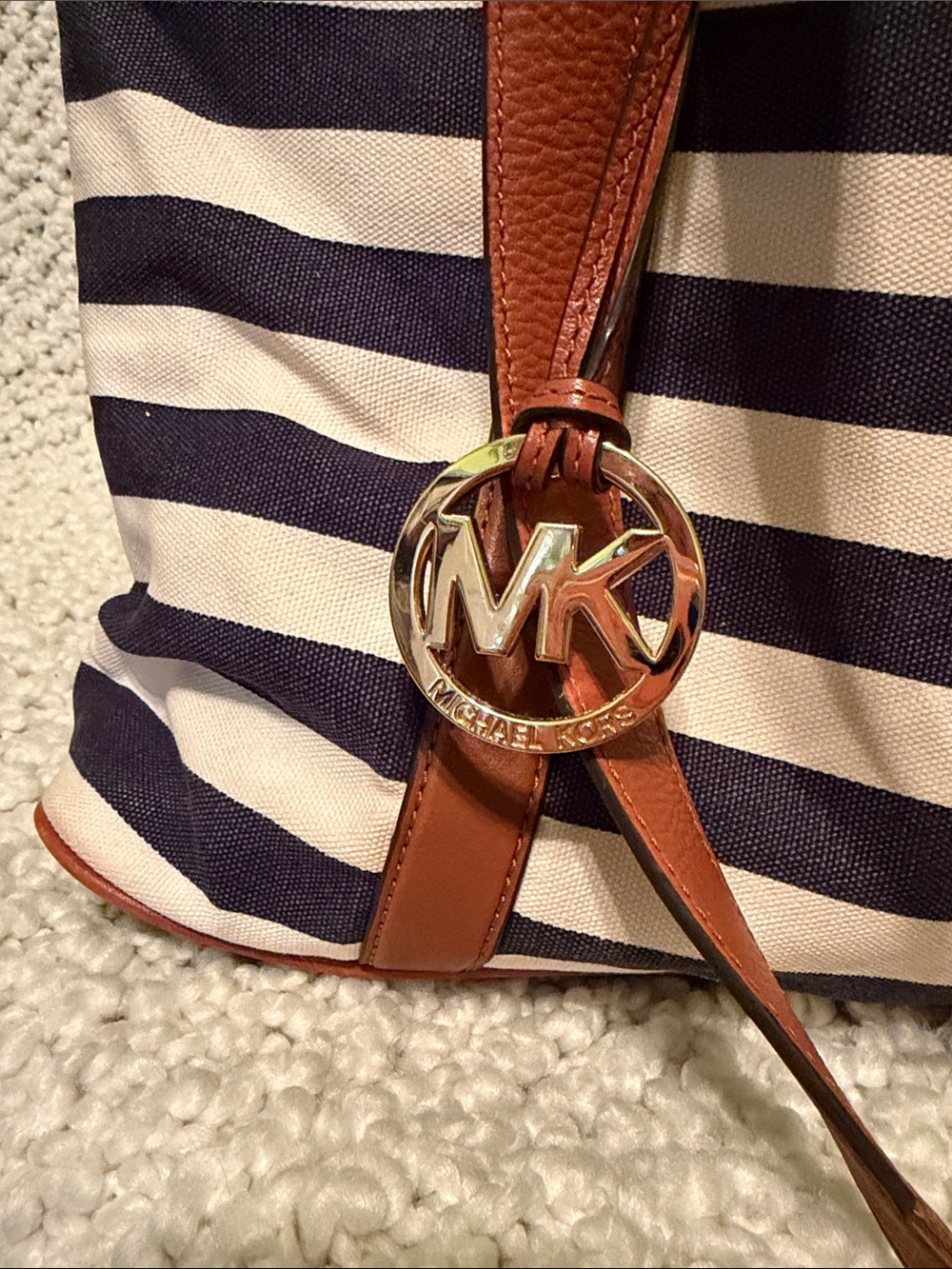 Michael Kors Navy and White Striped Tote with Brown Trim - Picture 3 of 8